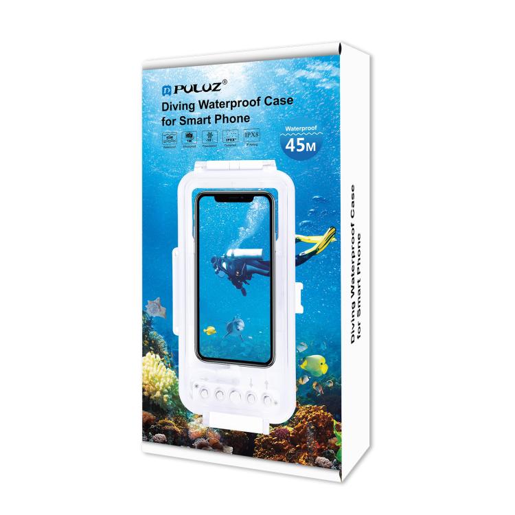 PULUZ 45m/147ft Waterproof Diving Case Photo Video Taking Underwater Housing Cover for iPhone 16 / 16 Pro / 15 / 15 Pro, Galaxy, Huawei, Xiaomi, Google Android OTG Smartphones with Type-C Port(White) - free shipping - PMC TechLife - Order now!