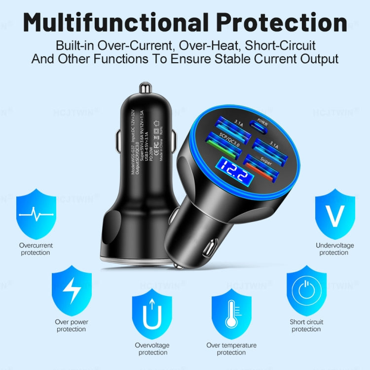 WGS-G37 5 in 1 Digital Display Super Fast Charging Car Charger with Voltmeter (Black) - Car Charger by PMC TechLife | Online Shopping South Africa | PMC TechLife | Buy Now Pay Later Mobicred