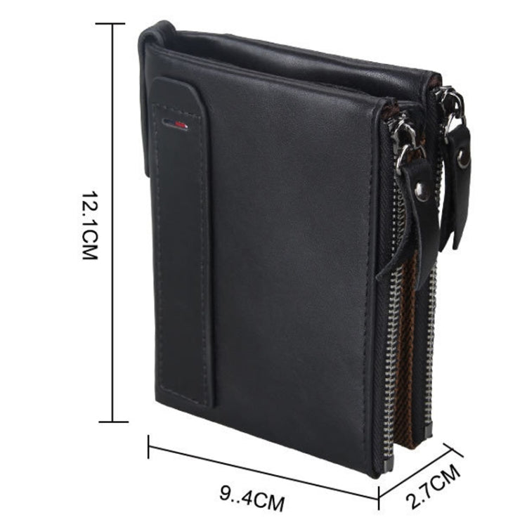 Genuine Cowhide Leather Crazy Horse Texture Dual Zipper Short Style Card Holder Wallet RFID Blocking Card Bag Protect Case for Men, Size: 12.1*9.4*2.7cm(Black) - Antimagnetic RFID Package by PMC Jewellery | Online Shopping South Africa | PMC Jewellery | Buy Now Pay Later Mobicred