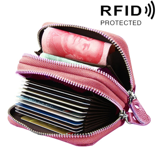 Genuine Leather Dual Layer Zipper Card Holder Wallet RFID Blocking Purse, Size: 10.5x7.0x4.0cm(Pink) - Antimagnetic RFID Package by PMC Jewellery | Online Shopping South Africa | PMC Jewellery | Buy Now Pay Later Mobicred