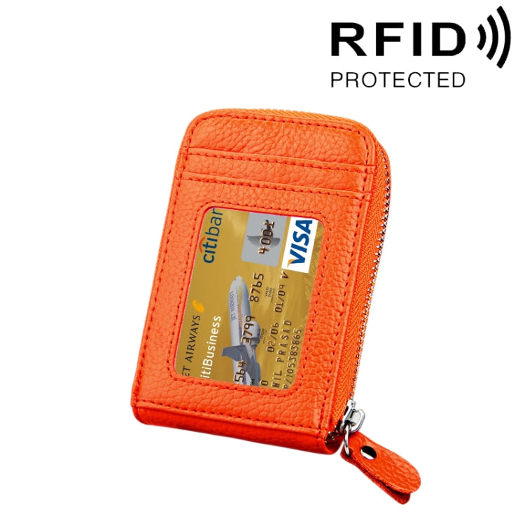 Genuine Cowhide Leather Solid Color Zipper Vertical Card Holder Wallet RFID Blocking Card Bag Protect Case with 12 Card Slots, Size: 11.5*7.5cm(Orange) - Antimagnetic RFID Package by PMC Jewellery | Online Shopping South Africa | PMC Jewellery | Buy Now Pay Later Mobicred