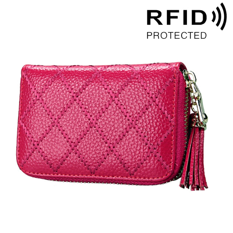 Genuine Cowhide Leather Grid Texture Zipper Card Holder Wallet RFID Blocking Card Bag Protect Case Coin Purse with Tassel Pendant & 15 Card Slots for Women, Size: 11.1*7.9*3.5cm(Magenta) - Antimagnetic RFID Package by PMC Jewellery | Online Shopping South Africa | PMC Jewellery | Buy Now Pay Later Mobicred