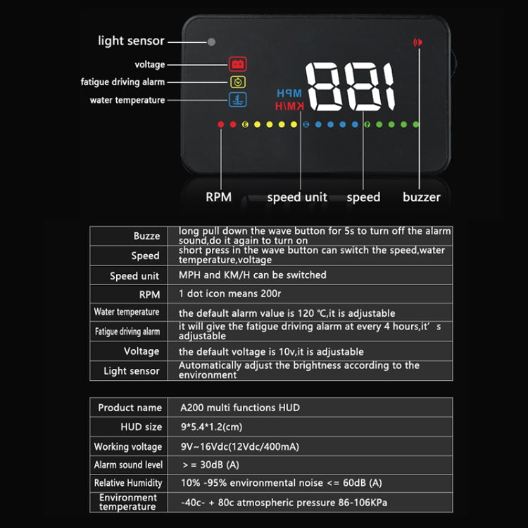A200 OBD2 3.5 inch Vehicle-mounted Head Up Display Security System, Support Car Speed / Engine Revolving Speed Display / Water Temperature / Voltage - Head Up Display System by PMC TechLife | Online Shopping South Africa | PMC TechLife | Buy Now Pay Later Mobicred