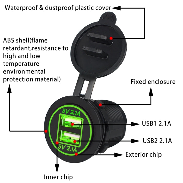 Universal Car Charger 2 Port Power Socket Power Dual USB Charger 5V 4.2A IP66 with Aperture(Green Light) - DIY Modified Charger by PMC Jewellery | Online Shopping South Africa | PMC Jewellery | Buy Now Pay Later Mobicred