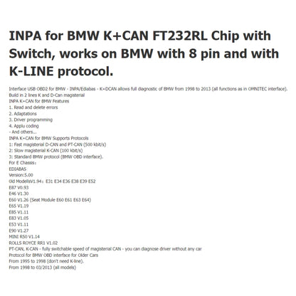 INPA K+CAN with Switch USB Interface Cable for BMW (Blue) - Cables & Connectors by PMC Jewellery | Online Shopping South Africa | PMC Jewellery