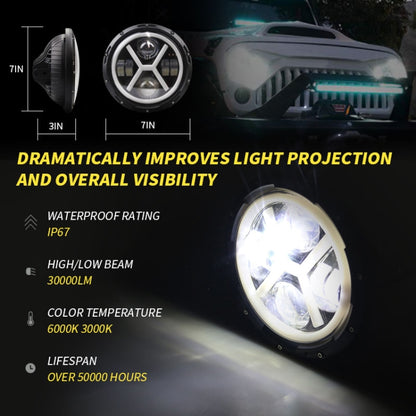 7 inch H4 DC 9V-30V 6000LM 6000K/3000K 55W IP67 4LED Lamp Beads Car Round Shape X LED Headlight Lamps for Jeep Wrangler, with Angel Eye - Work Lights by PMC Jewellery | Online Shopping South Africa | PMC Jewellery | Buy Now Pay Later Mobicred