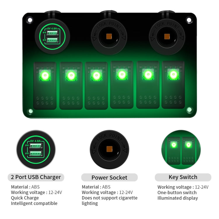 Multi-functional Combination Switch Panel 12V / 24V 6 Way Switches + Dual USB Charger for Car RV Marine Boat (Green Light) - Car Switches by PMC Jewellery | Online Shopping South Africa | PMC Jewellery | Buy Now Pay Later Mobicred