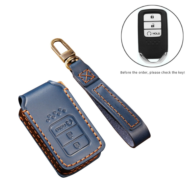 Hallmo Car Cowhide Leather Key Protective Cover Key Case for Honda 3-button Start(Blue) - Car Key Cases by Hallmo | Online Shopping South Africa | PMC Jewellery | Buy Now Pay Later Mobicred