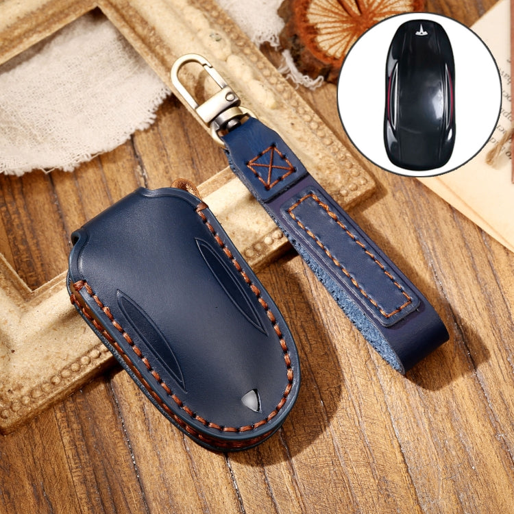 Hallmo Car Cowhide Leather Key Protective Cover Key Case for Tesla Model X B Style(Blue) - Car Key Cases by Hallmo | Online Shopping South Africa | PMC TechLife | Buy Now Pay Later Mobicred