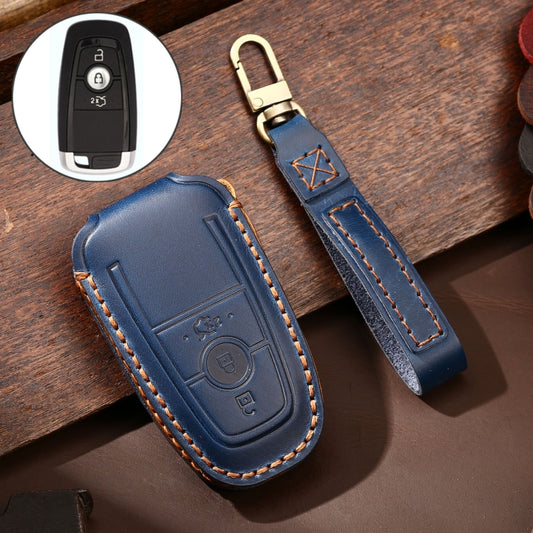 Hallmo Car Cowhide Leather Key Protective Cover Key Case for Ford Focus B Style(Blue) - Car Key Cases by Hallmo | Online Shopping South Africa | PMC Jewellery | Buy Now Pay Later Mobicred