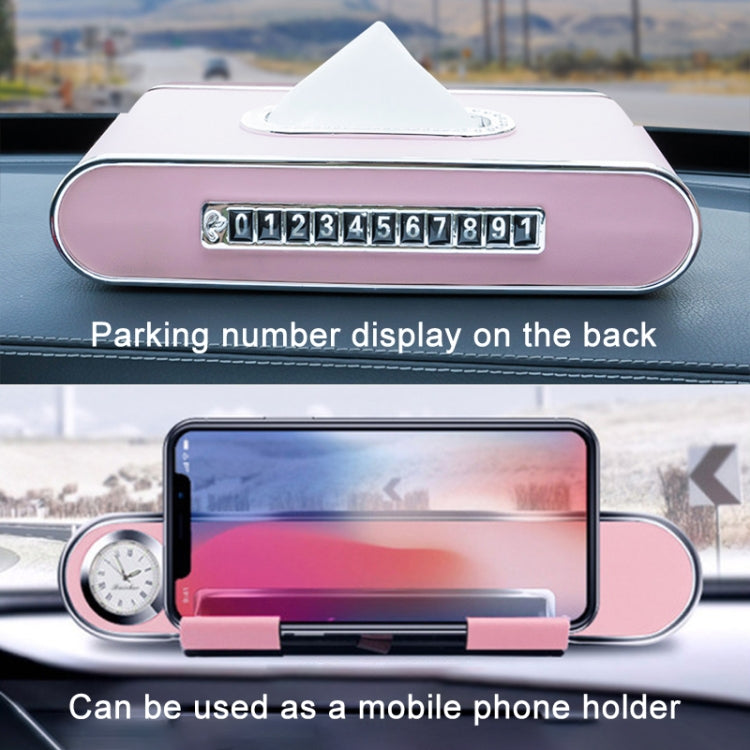 Car Dashboard Diamond Paper Towel Box with Temporary Parking Phone Number Card & Phone Holder & Clock(Beige) - Tissue Boxes by PMC Jewellery | Online Shopping South Africa | PMC Jewellery