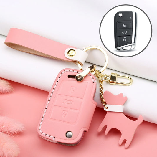 Hallmo Car Female Style Cowhide Leather Key Protective Cover for Volkswagen, B Type Folding(Pink) - Car Key Cases by Hallmo | Online Shopping South Africa | PMC Jewellery | Buy Now Pay Later Mobicred
