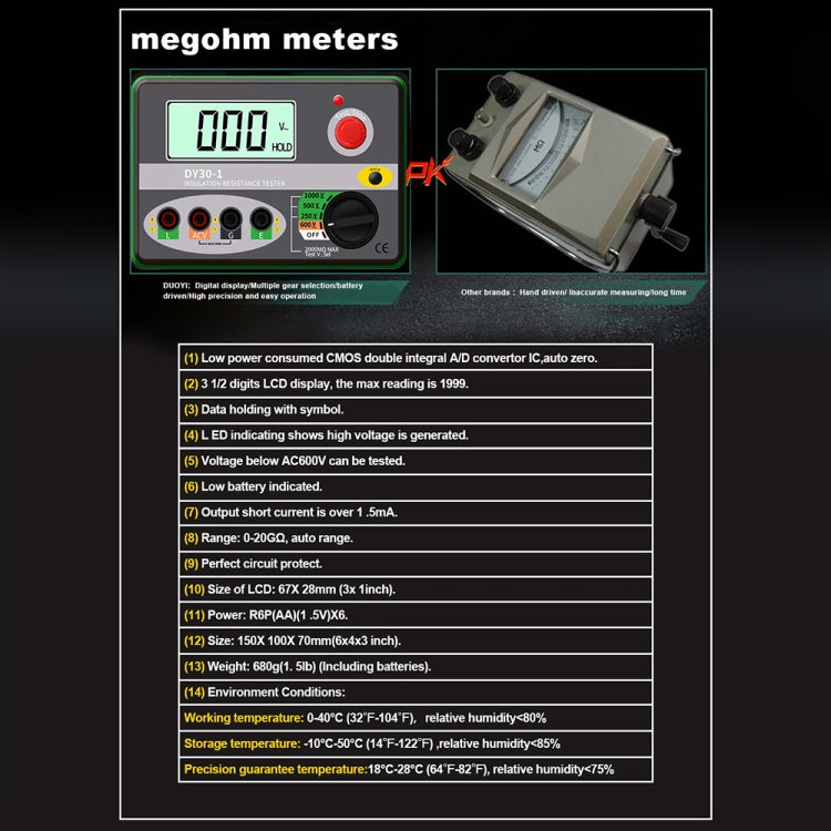 DUOYI DY30-1 Car Digital Insulation Resistance Tester Meter - Electronic Test by DUOYI | Online Shopping South Africa | PMC Jewellery | Buy Now Pay Later Mobicred