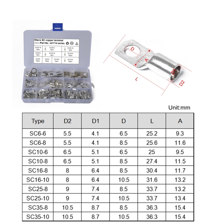 90 in 1 Boat / Car Bolt Hole Tinned Copper Terminals Set Wire Terminals Connector Cable Lugs SC Terminals - Nuts & Bolts by PMC Jewellery | Online Shopping South Africa | PMC Jewellery