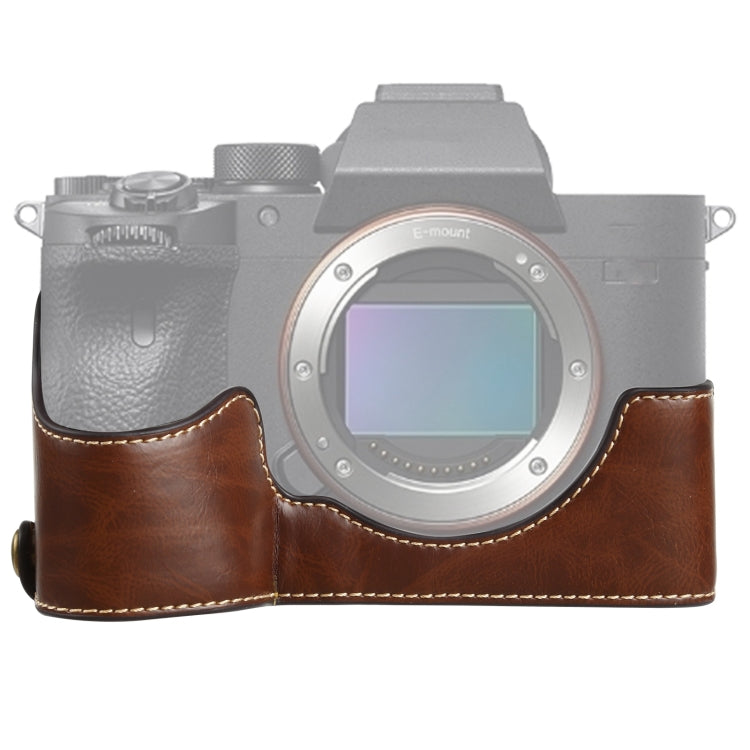 1/4 inch Thread PU Leather Camera Half Case Base for Sony ILCE-7RM4 / A7RM4 / A7R IV (Coffee) - free shipping - PMC TechLife - Order now!