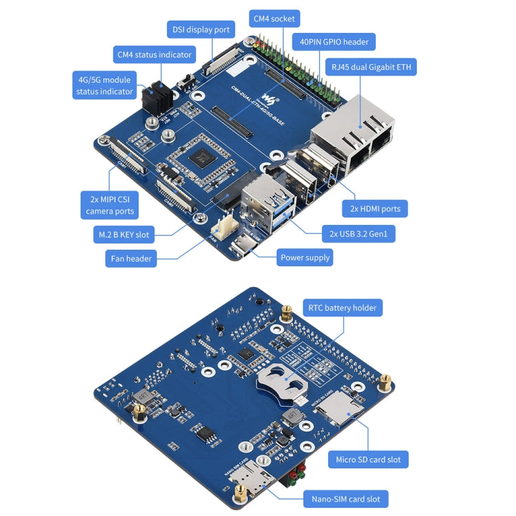 Waveshare Dual Gigabit Ethernet 5G/4G Computer Box with Cooling Fan for Raspberry Pi CM4(US Plug) - Mini PC Accessories by WAVESHARE | Online Shopping South Africa | PMC Jewellery | Buy Now Pay Later Mobicred