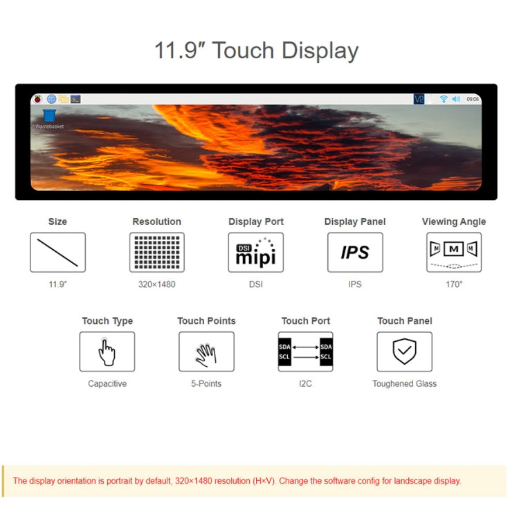 WAVESHARE 11.9 inch Capacitive Touch Display For Raspberry Pi, 320 x 1480, IPS, DSI Interface - LCD & LED Display Module by WAVESHARE | Online Shopping South Africa | PMC Jewellery | Buy Now Pay Later Mobicred