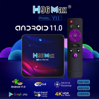 H96 Max V11 4K Smart TV BOX Android 11.0 Media Player with Remote Control, RK3318 Quad-Core 64bit Cortex-A53, RAM: 4GB, ROM: 64GB, Support Dual Band WiFi, Bluetooth, Ethernet, EU Plug - RK3318 by PMC Jewellery | Online Shopping South Africa | PMC Jewellery | Buy Now Pay Later Mobicred