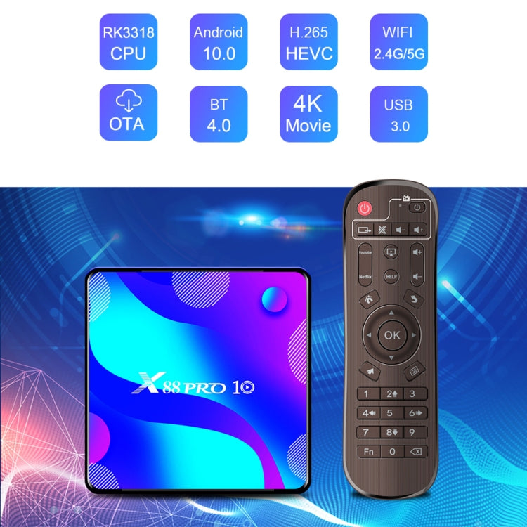 X88 Pro 10 4K Ultra HD Android TV Box with Remote Controller, Android 10.0, RK3318 Quad-Core 64bit Cortex-A53, 4GB+64GB, Support Bluetooth / Dual-Band WiFi / TF Card / USB / AV / Ethernet(EU Plug) - RK3318 by PMC Jewellery | Online Shopping South Africa | PMC Jewellery | Buy Now Pay Later Mobicred