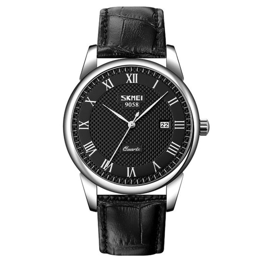 SKMEI 9058 Multifunctional Outdoor Fashion Waterproof Silver Shell Quartz Wrist Watch (Men Style Black Face Black Strap) - Leather Strap Watches by SKMEI | Online Shopping South Africa | PMC Jewellery | Buy Now Pay Later Mobicred