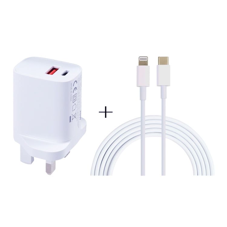 E087 20W USB-C / Type-C + USB Ports Charger with 100W Type-C to 8 Pin Fast Charging Cable 2m, UK Plug - USB Charger by PMC Jewellery | Online Shopping South Africa | PMC Jewellery | Buy Now Pay Later Mobicred