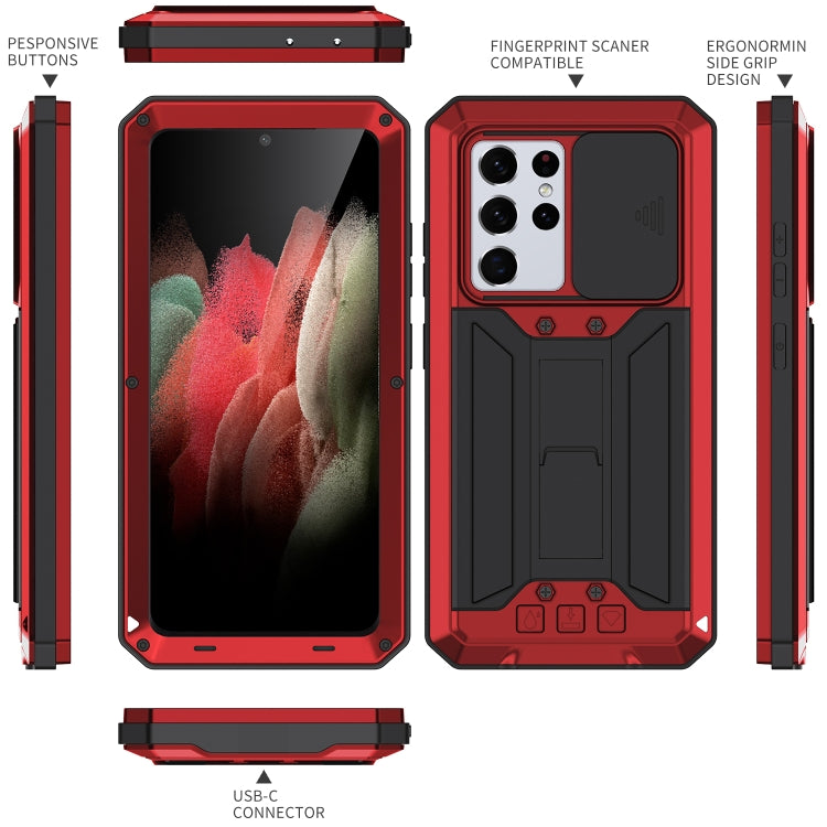 For Samsung Galaxy S21 Ultra 5G R-JUST Sliding Lens Cover Shockproof Dustproof Waterproof Metal + Silicone Case with Invisible Holder(Red) - Galaxy S21 Ultra 5G Cases by R-JUST | Online Shopping South Africa | PMC Jewellery