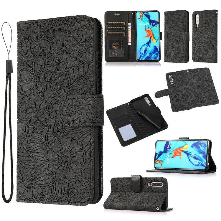 For Huawei P30 Skin Feel Embossed Sunflower Horizontal Flip Leather Case with Holder & Card Slots & Wallet & Lanyard(Black) - Huawei Cases by PMC Jewellery | Online Shopping South Africa | PMC Jewellery