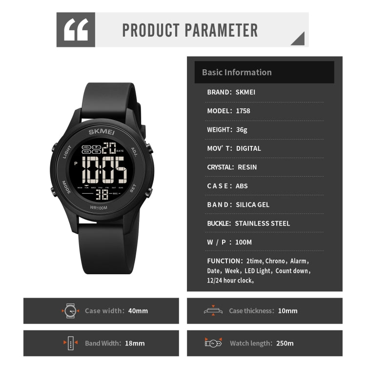 SKMEI 1758 Multifunctional LED Digital Display Luminous Silicone Strap Electronic Watch(Black) - free shipping - PMC TechLife - Order now!