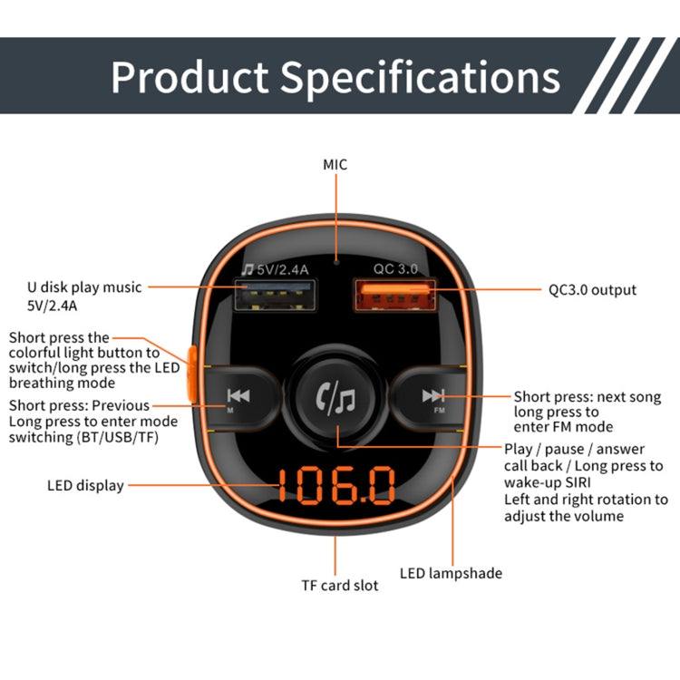 BC52 QC3.0 Fast Charging Car Colorful Atmosphere Light Bluetooth MP3 Player FM Transmitter - Bluetooth Car Kits by PMC TechLife | Online Shopping South Africa | PMC TechLife | Buy Now Pay Later Mobicred