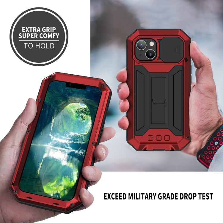 For iPhone 13 R-JUST Sliding Camera Shockproof Life Waterproof Dust-proof Metal + Silicone Protective Case with Holder(Red) - iPhone 13 Cases by R-JUST | Online Shopping South Africa | PMC TechLife | Buy Now Pay Later Mobicred