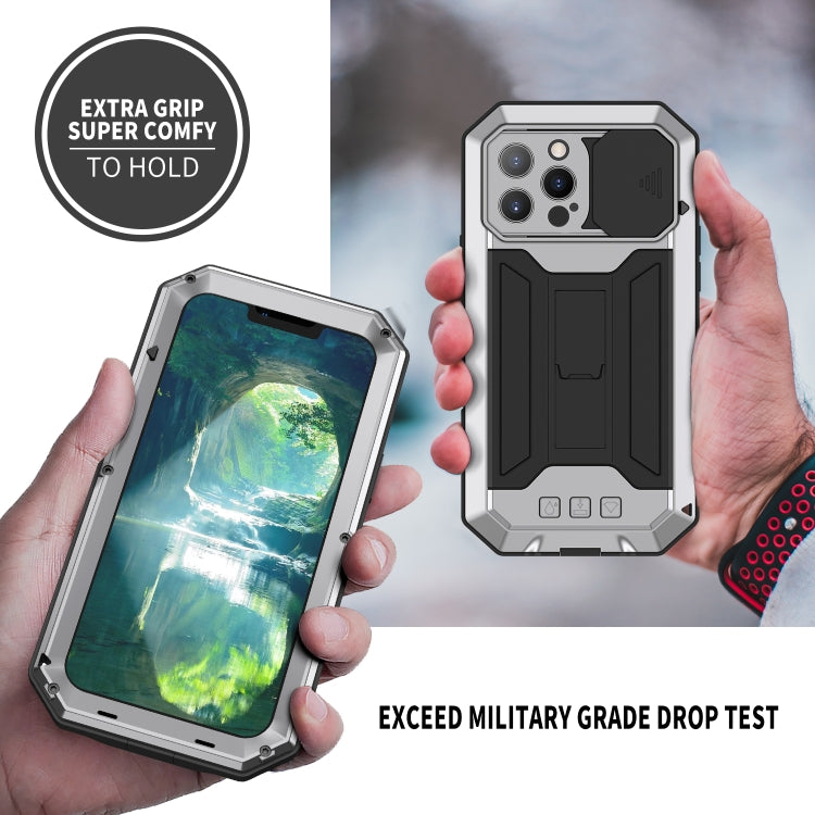 For iPhone 13 Pro Max R-JUST Sliding Camera Shockproof Life Waterproof Dust-proof Metal + Silicone Protective Case with Holder (Silver) - iPhone 13 Pro Max Cases by R-JUST | Online Shopping South Africa | PMC TechLife | Buy Now Pay Later Mobicred