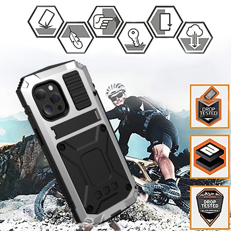 For iPhone 13 mini R-JUST Shockproof Waterproof Dust-proof Metal + Silicone Protective Case with Holder (Silver) - iPhone 13 mini Cases by R-JUST | Online Shopping South Africa | PMC TechLife | Buy Now Pay Later Mobicred