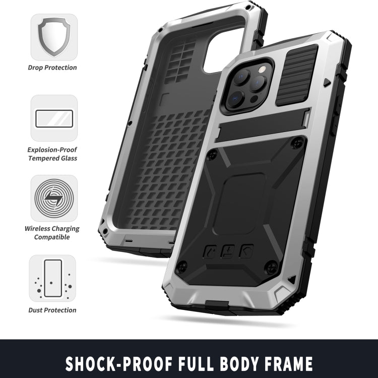 For iPhone 13 Pro R-JUST Shockproof Waterproof Dust-proof Metal + Silicone Protective Case with Holder (Silver) - iPhone 13 Pro Cases by R-JUST | Online Shopping South Africa | PMC TechLife | Buy Now Pay Later Mobicred