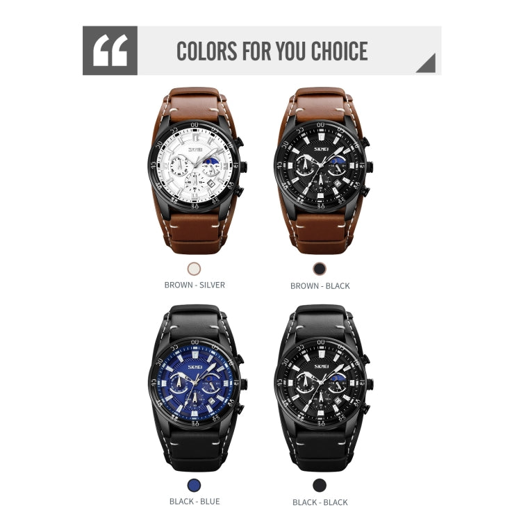 SKMEI 9249 Men Moonphase Calendar Stopwatch Leather Strap Quartz Watch(Black Blue) - free shipping - PMC TechLife - Order now!