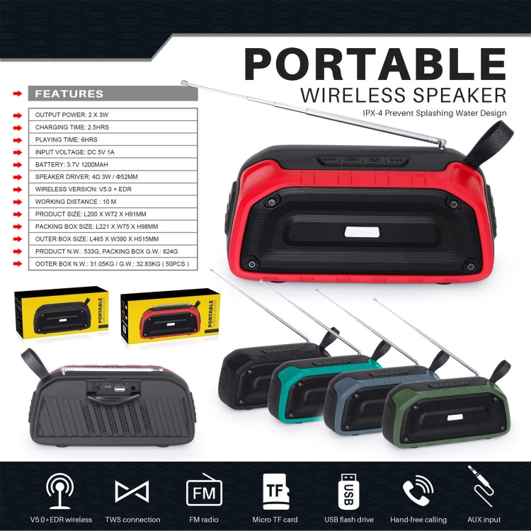 New Rixing NR-906FM TWS Waterproof Bluetooth Speaker Support Hands-free Call / FM with Handle & Antenna(Red) - Desktop Speaker by NewRixing | Online Shopping South Africa | PMC Jewellery | Buy Now Pay Later Mobicred