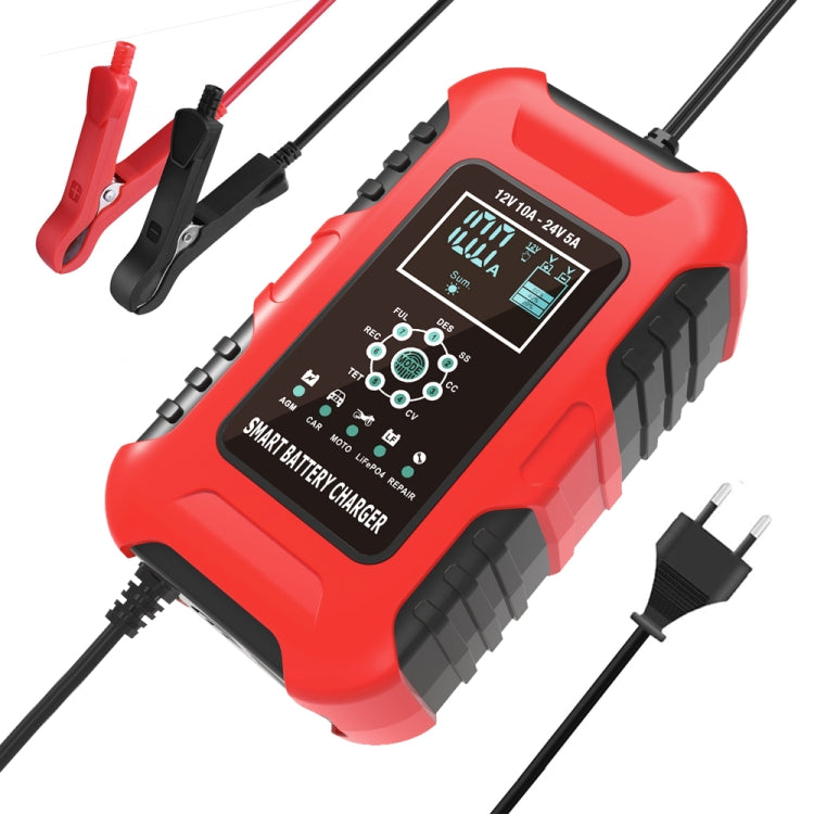 FOXSUR 10A 12V 7-segment Motorcycle / Car Smart Battery Charger, Plug Type:EU Plug(Red) - Battery Charger by FOXSUR | Online Shopping South Africa | PMC TechLife | Buy Now Pay Later Mobicred