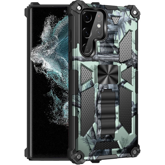 For Samsung Galaxy S22 Ultra 5G Camouflage Armor Shockproof TPU + PC Magnetic Protective Phone Case with Holder(Mint Green) - Galaxy S22 Ultra 5G Cases by PMC Jewellery | Online Shopping South Africa | PMC Jewellery