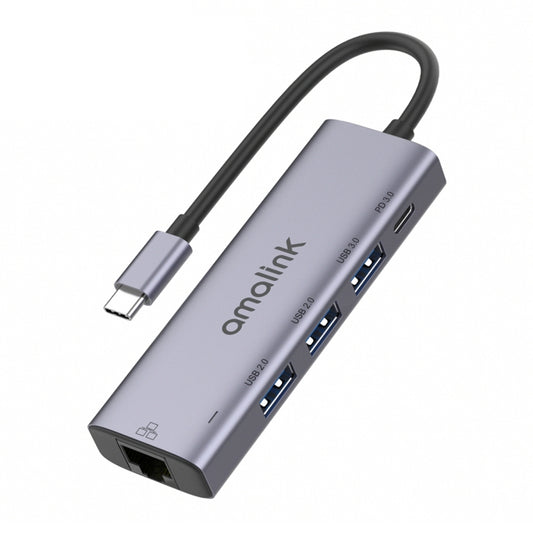 amalink 95121D Type-C / USB-C to RJ45 + 3 Ports USB + PD 3.0 Multi-function HUB(Grey) - USB HUB by amalink | Online Shopping South Africa | PMC Jewellery | Buy Now Pay Later Mobicred