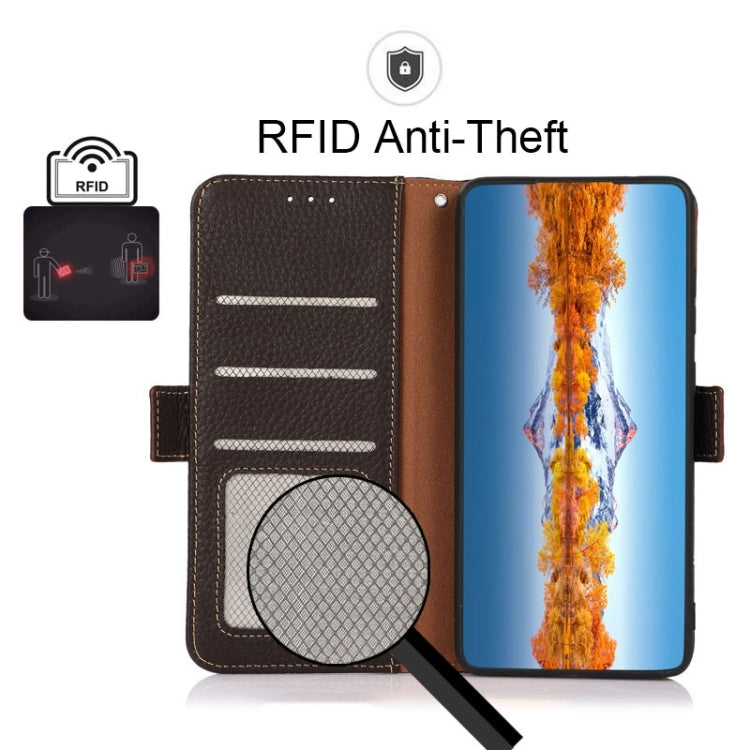 For Motorola Edge 20 KHAZNEH Side-Magnetic Litchi Genuine Leather RFID Case(Brown) - Motorola Cases by PMC TechLife | Online Shopping South Africa | PMC TechLife | Buy Now Pay Later Mobicred