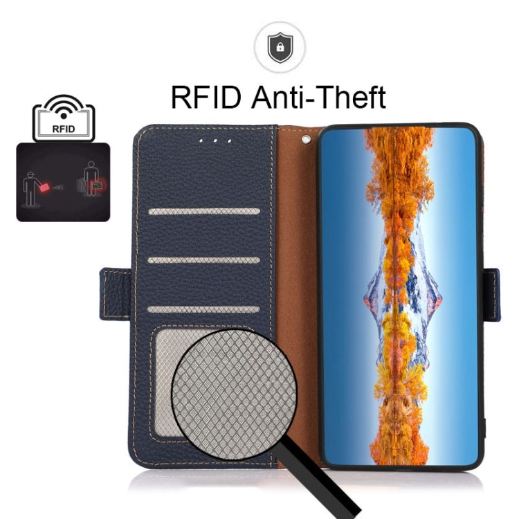 For Google Pixel 6a KHAZNEH Side-Magnetic Litchi Genuine Leather RFID Case(Blue) - Google Cases by PMC TechLife | Online Shopping South Africa | PMC TechLife | Buy Now Pay Later Mobicred