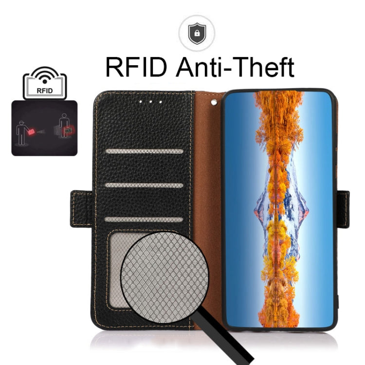 For OnePlus 9R KHAZNEH Side-Magnetic Litchi Genuine Leather RFID Phone Case(Black) - OnePlus Cases by PMC TechLife | Online Shopping South Africa | PMC TechLife | Buy Now Pay Later Mobicred