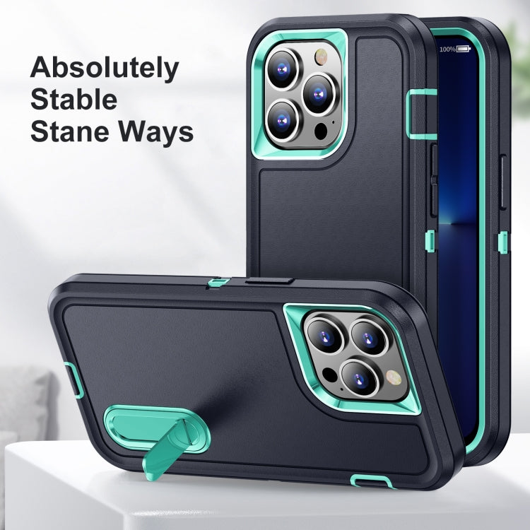 For iPhone 12 / 12 Pro 3 in 1 Rugged Holder Phone Case(Dark Blue+Light Blue) - iPhone 12 / 12 Pro Cases by PMC TechLife | Online Shopping South Africa | PMC TechLife