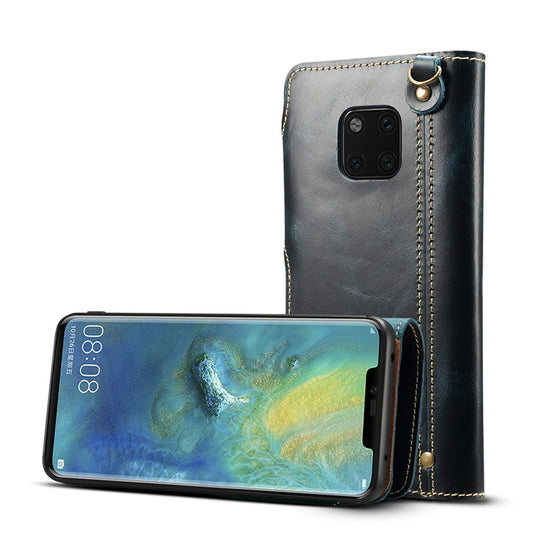 For Huawei Mate 20 Pro Denior Oil Wax Cowhide Magnetic Button Horizontal Flip Leather Case with Card Slots & Wallet(Dark Blue) - Huawei Cases by Denior | Online Shopping South Africa | PMC Jewellery | Buy Now Pay Later Mobicred