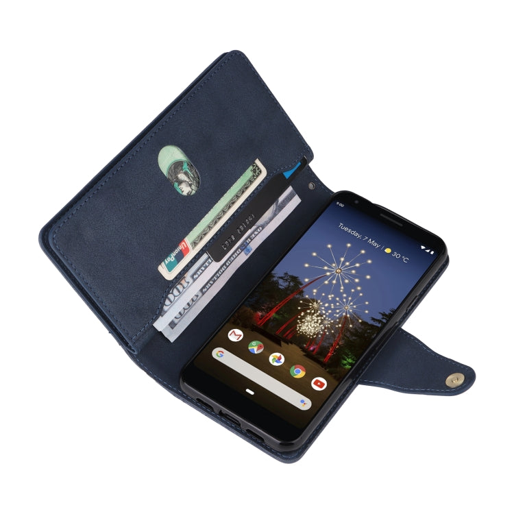 For Google Pixel 3A XL Rivet Buckle 9 Cards Three Fold Leather Phone Case(Blue) - Google Cases by PMC TechLife | Online Shopping South Africa | PMC TechLife | Buy Now Pay Later Mobicred