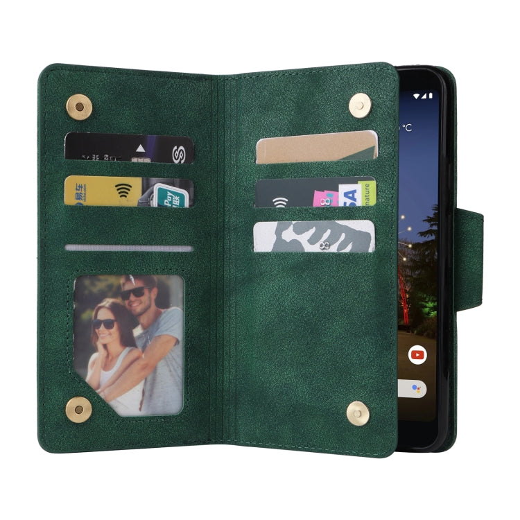 For Google Pixel 3A XL Rivet Buckle 9 Cards Three Fold Leather Phone Case(Green) - Google Cases by PMC TechLife | Online Shopping South Africa | PMC TechLife | Buy Now Pay Later Mobicred