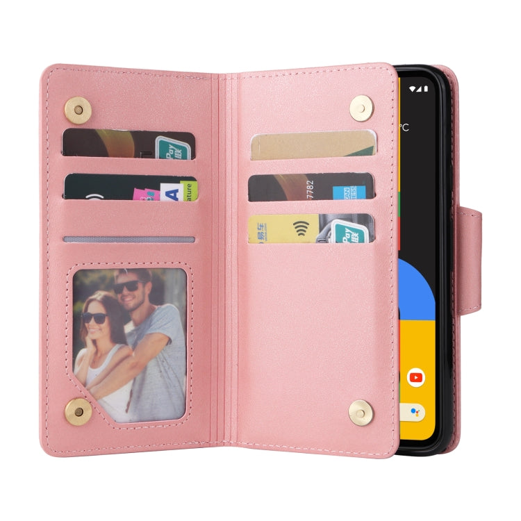 For Google Pixel 4A 4G Rivet Buckle 9 Cards Three Fold Leather Phone Case(Rose Gold) - Google Cases by PMC TechLife | Online Shopping South Africa | PMC TechLife | Buy Now Pay Later Mobicred