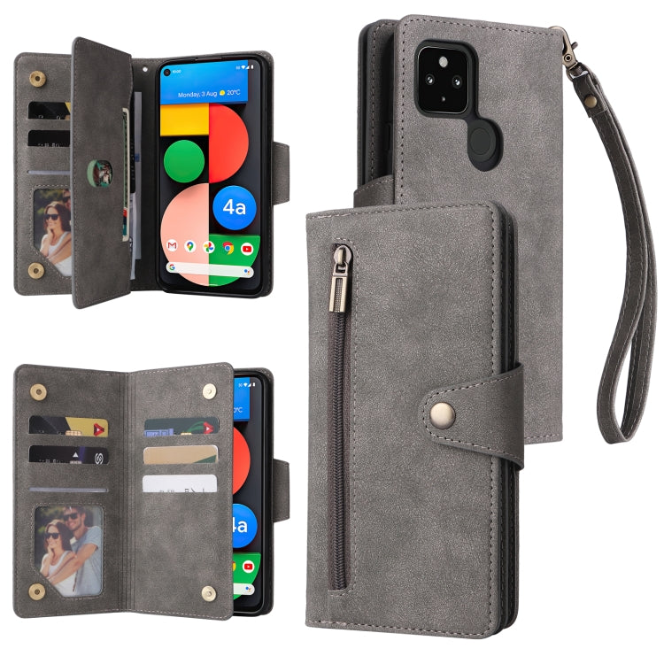 For Google Pixel 4A 5G Rivet Buckle 9 Cards Three Fold Leather Phone Case(Grey) - Google Cases by PMC TechLife | Online Shopping South Africa | PMC TechLife | Buy Now Pay Later Mobicred