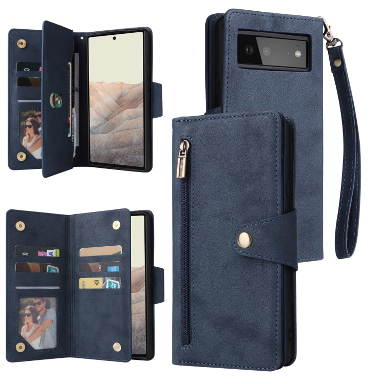 For Google Pixel 6 Rivet Buckle 9 Cards Three Fold Leather Phone Case(Blue) - Google Cases by PMC TechLife | Online Shopping South Africa | PMC TechLife | Buy Now Pay Later Mobicred