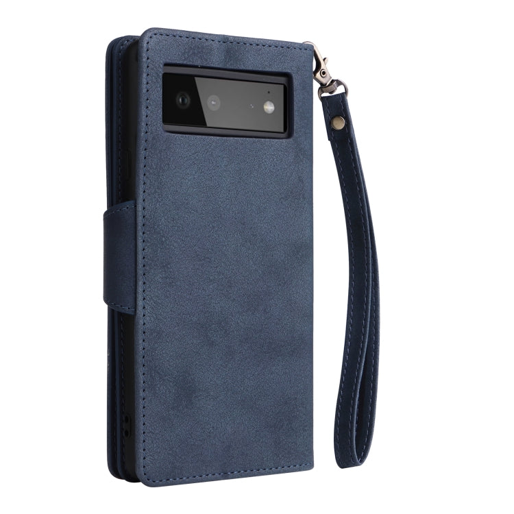 For Google Pixel 6 Rivet Buckle 9 Cards Three Fold Leather Phone Case(Blue) - Google Cases by PMC TechLife | Online Shopping South Africa | PMC TechLife | Buy Now Pay Later Mobicred