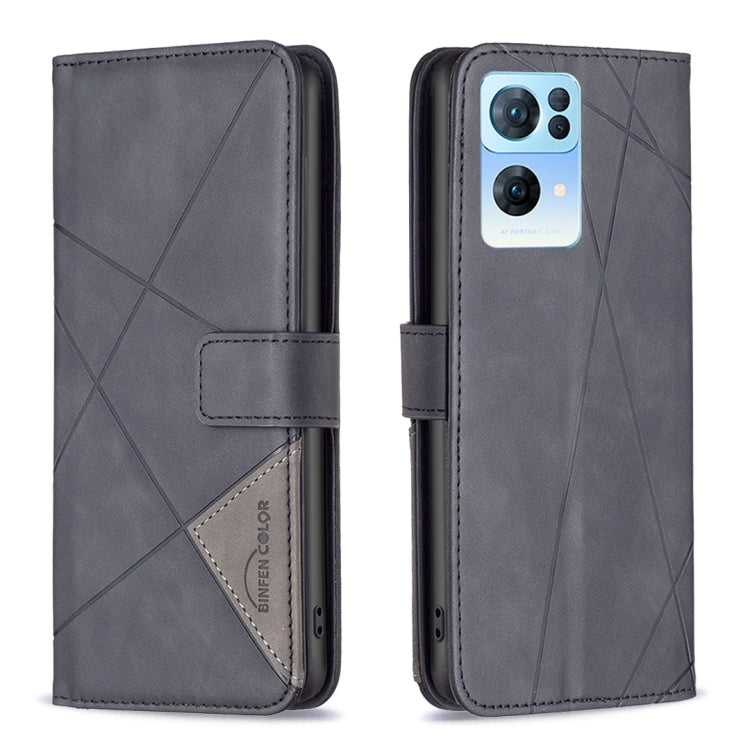 For OPPO Reno7 5G Global BF05 Magnetic Buckle Rhombus Texture Leather Phone Case(Black) - OPPO Cases by PMC TechLife | Online Shopping South Africa | PMC TechLife | Buy Now Pay Later Mobicred